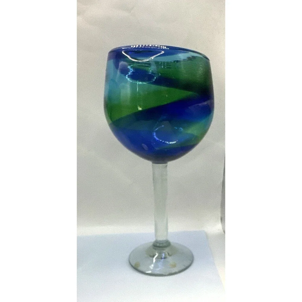 Jan Barboglio Hand Blown Swirl Wine Glasses Set of 3 Blue Green Clear